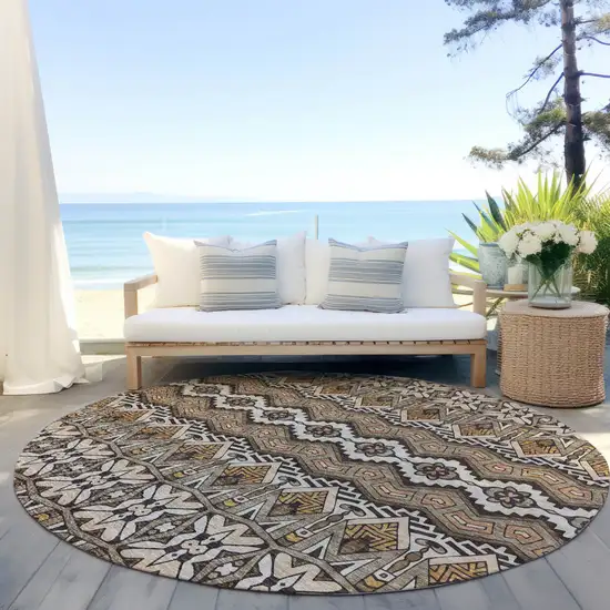 8' Taupe Brown And Ivory Round Moroccan Washable Indoor Outdoor Area Rug Photo 7