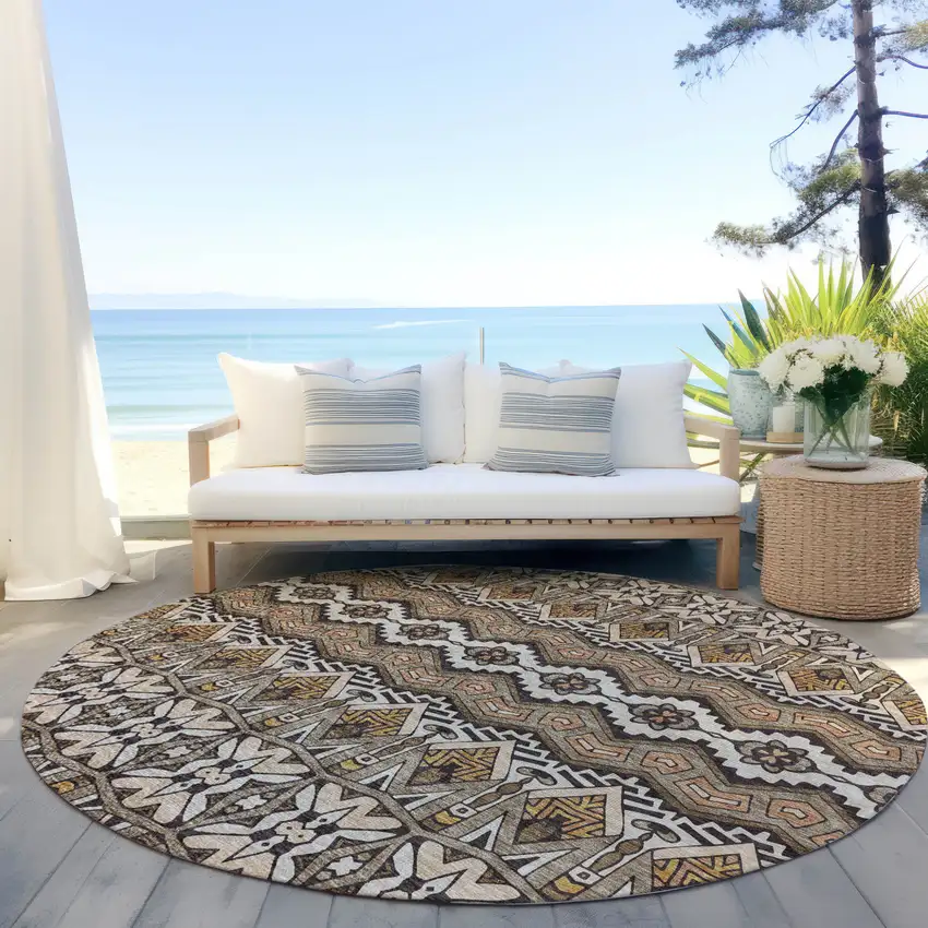 8' Taupe Brown And Ivory Round Moroccan Washable Indoor Outdoor Area Rug Photo 7