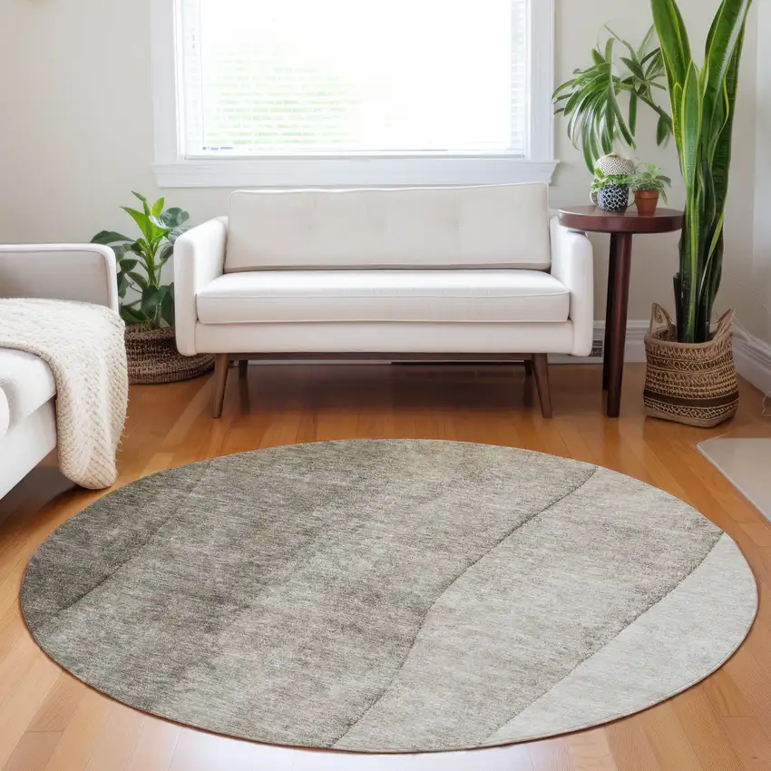 8' Taupe Brown And Ivory Round Ombre Washable Indoor Outdoor Area Rug Photo 6