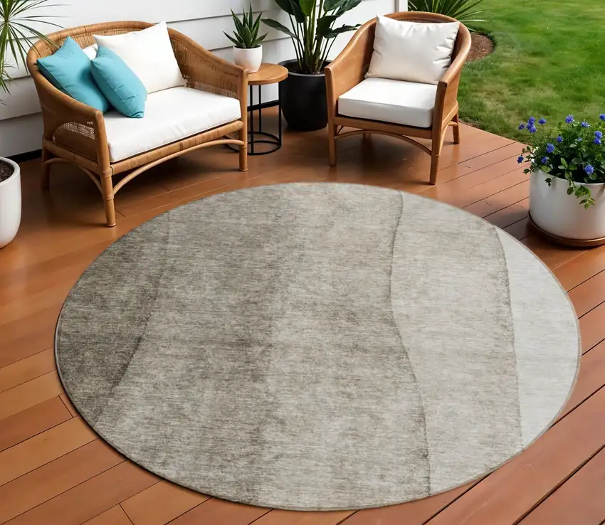 8' Taupe Brown And Ivory Round Ombre Washable Indoor Outdoor Area Rug Photo 1