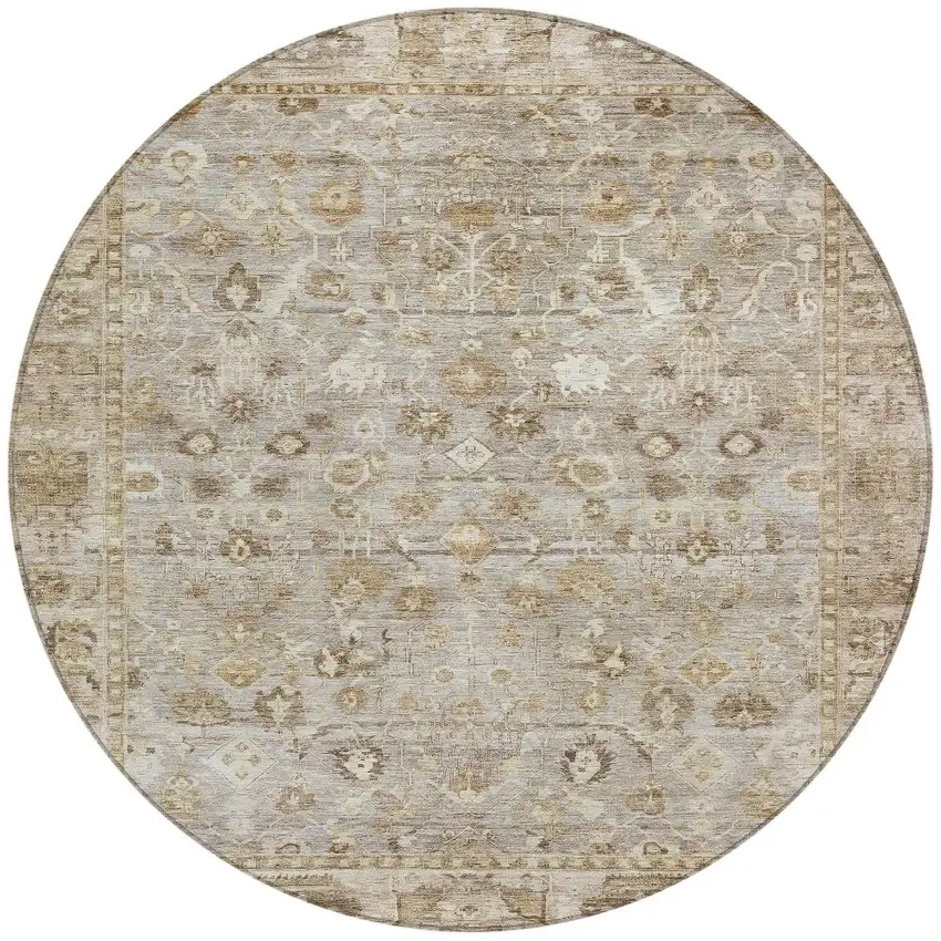 8' Taupe Brown And Ivory Round Oriental Washable Indoor Outdoor Area Rug Photo 3
