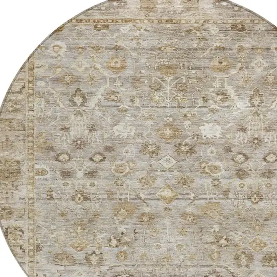 8' Taupe Brown And Ivory Round Oriental Washable Indoor Outdoor Area Rug Photo 9
