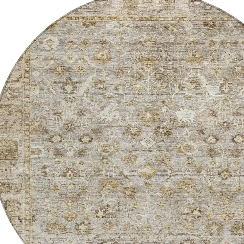 8' Taupe Brown And Ivory Round Oriental Washable Indoor Outdoor Area Rug Photo 9