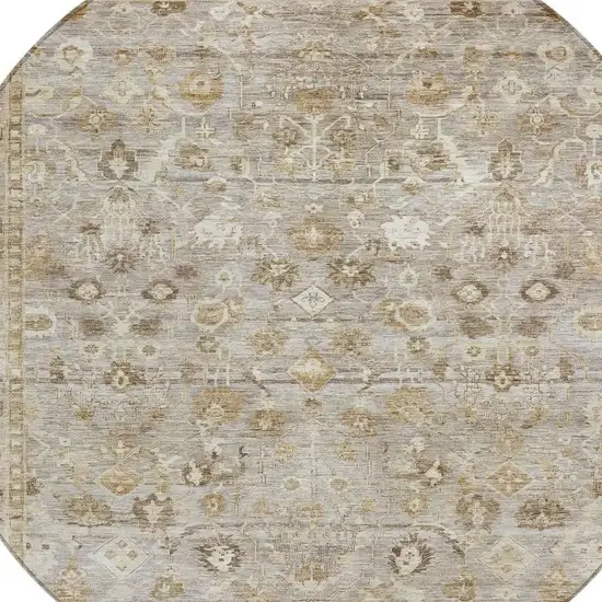 8' Taupe Brown And Ivory Round Oriental Washable Indoor Outdoor Area Rug Photo 4