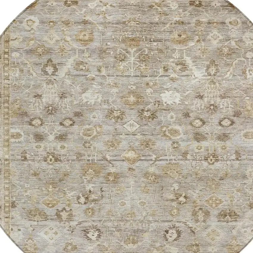 8' Taupe Brown And Ivory Round Oriental Washable Indoor Outdoor Area Rug Photo 4
