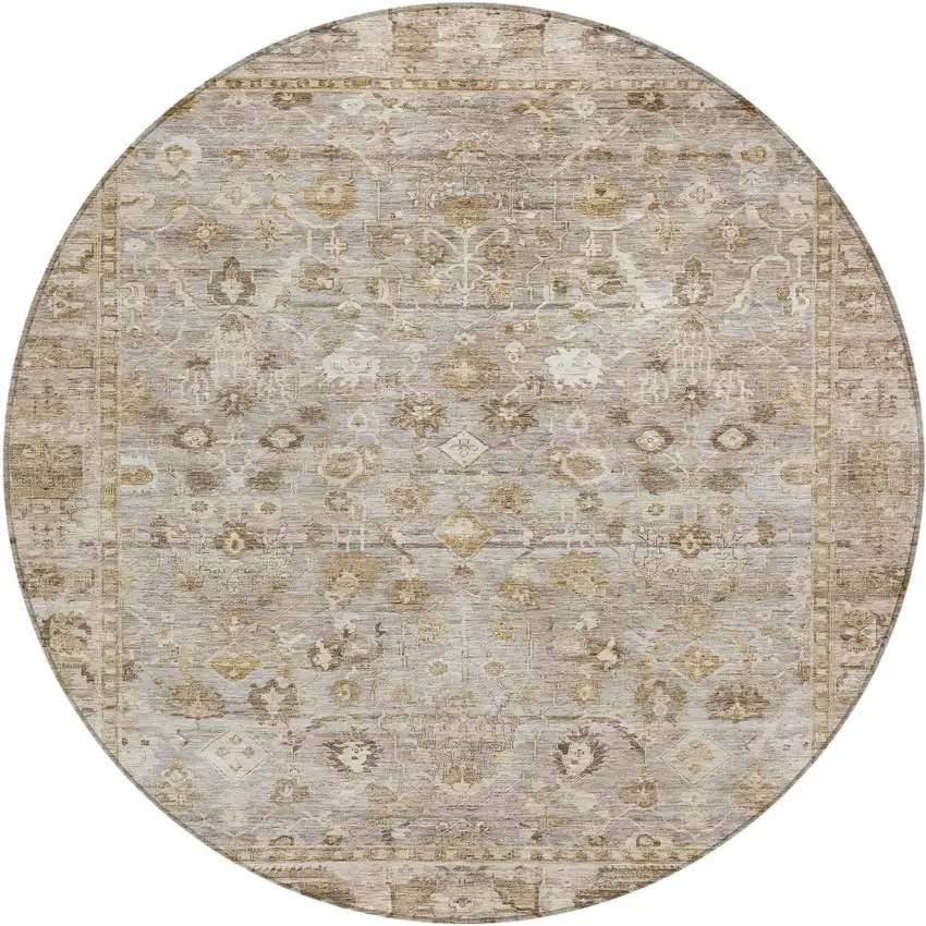 8' Taupe Brown And Ivory Round Oriental Washable Indoor Outdoor Area Rug Photo 1