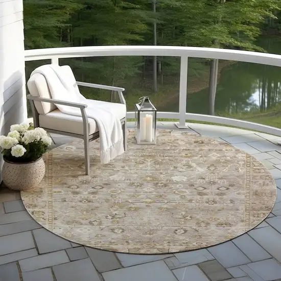 8' Taupe Brown And Ivory Round Oriental Washable Indoor Outdoor Area Rug Photo 6