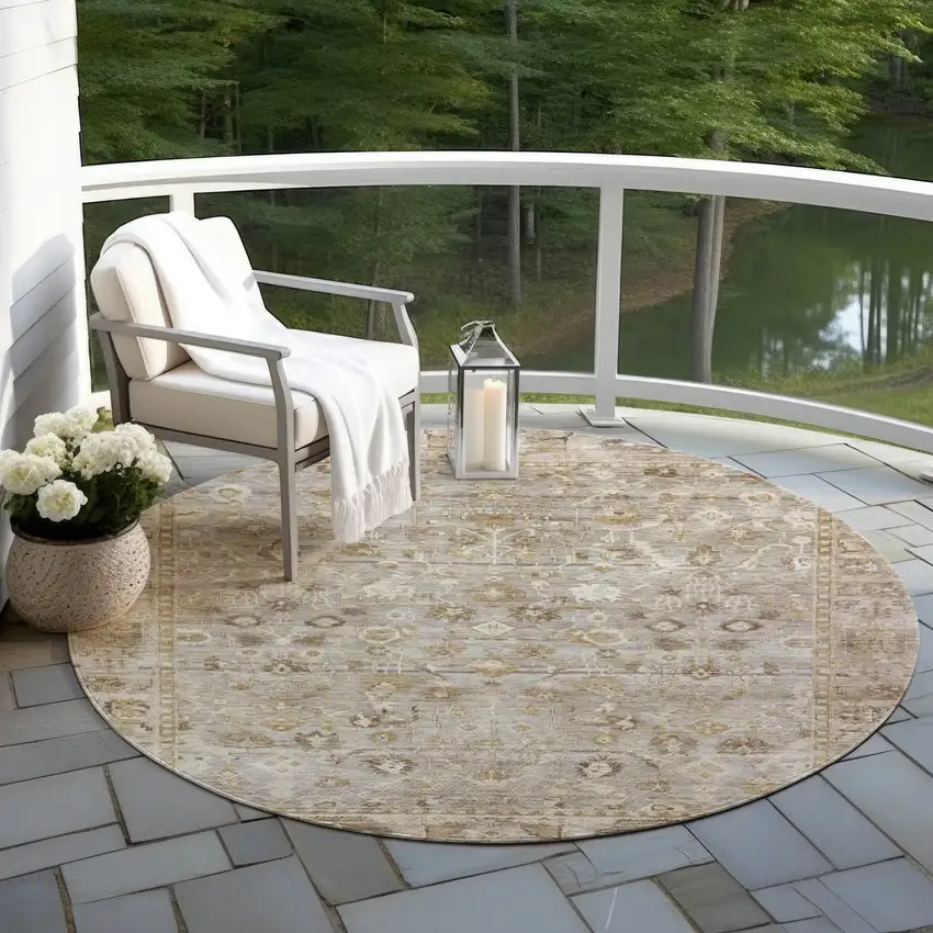 8' Taupe Brown And Ivory Round Oriental Washable Indoor Outdoor Area Rug Photo 6