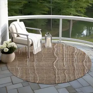 Photo of 8' Taupe Brown And Ivory Round Striped Washable Indoor Outdoor Area Rug