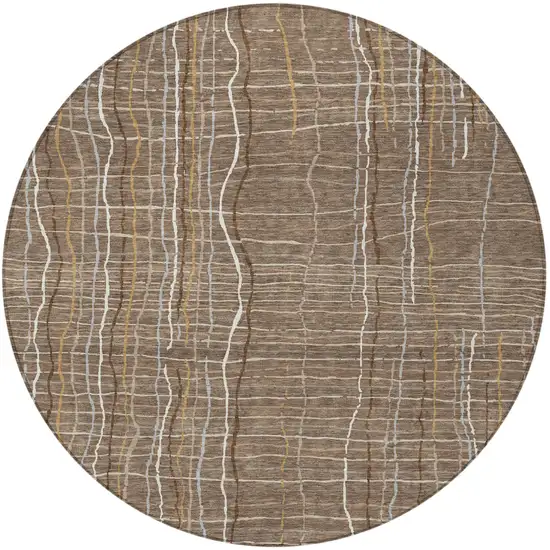 8' Taupe Brown And Ivory Round Striped Washable Indoor Outdoor Area Rug Photo 6