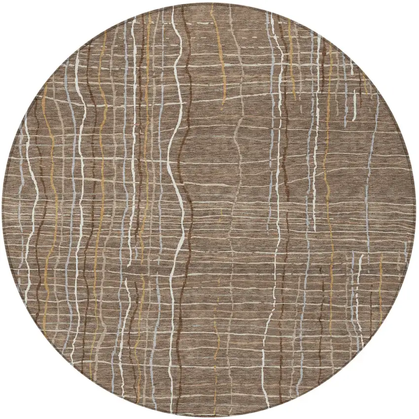 8' Taupe Brown And Ivory Round Striped Washable Indoor Outdoor Area Rug Photo 6