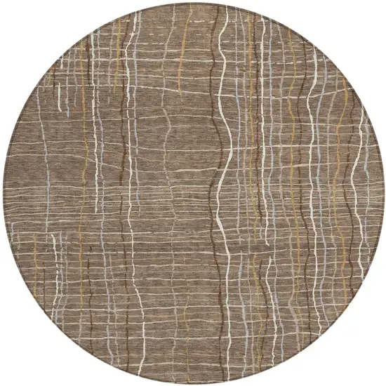 8' Taupe Brown And Ivory Round Striped Washable Indoor Outdoor Area Rug Photo 2