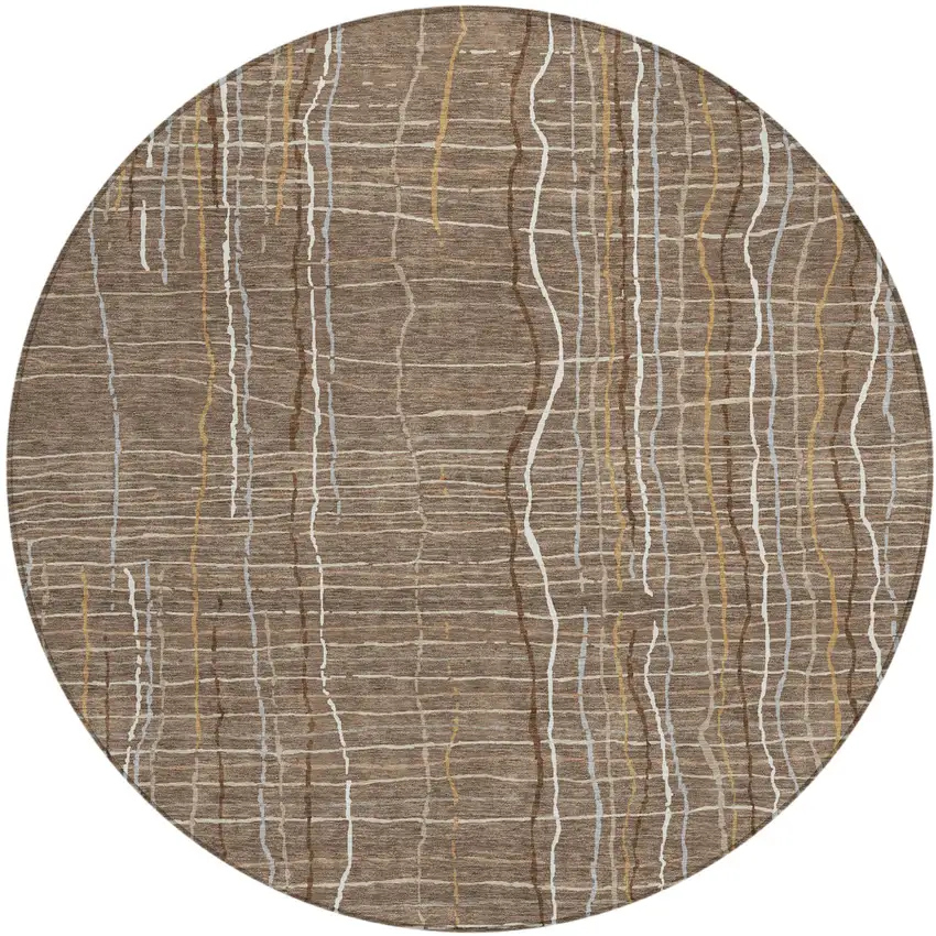 8' Taupe Brown And Ivory Round Striped Washable Indoor Outdoor Area Rug Photo 2