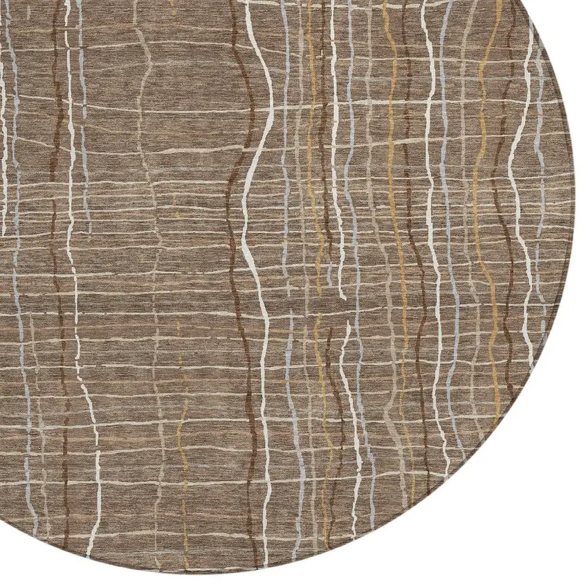 8' Taupe Brown And Ivory Round Striped Washable Indoor Outdoor Area Rug Photo 5