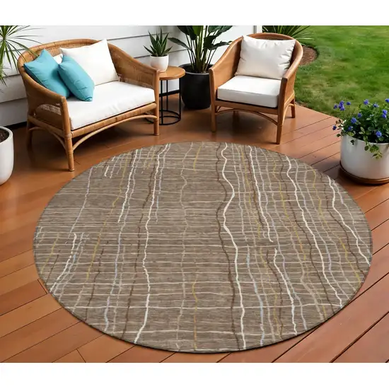 8' Taupe Brown And Ivory Round Striped Washable Indoor Outdoor Area Rug Photo 1