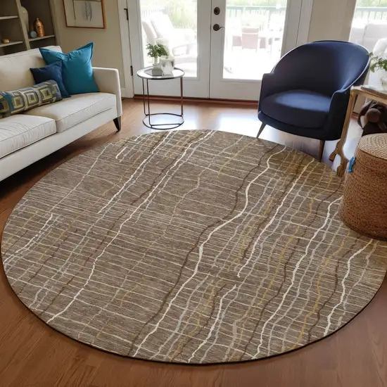 8' Taupe Brown And Ivory Round Striped Washable Indoor Outdoor Area Rug Photo 9