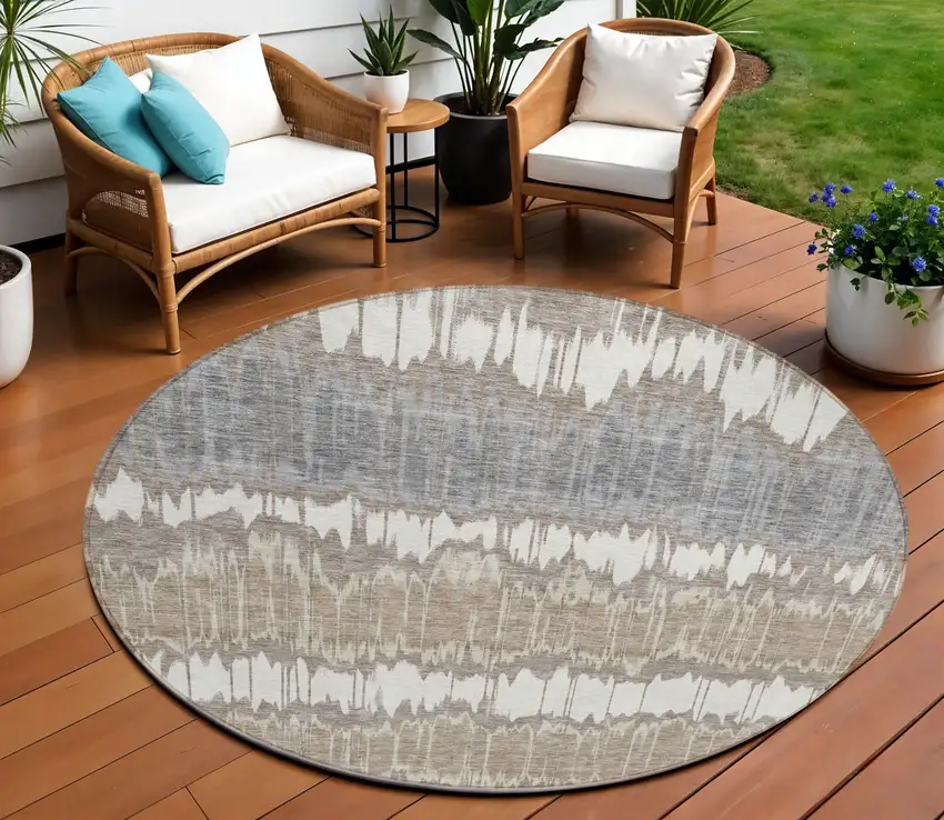 8' Taupe Brown And Ivory Round Striped Washable Indoor Outdoor Area Rug Photo 1