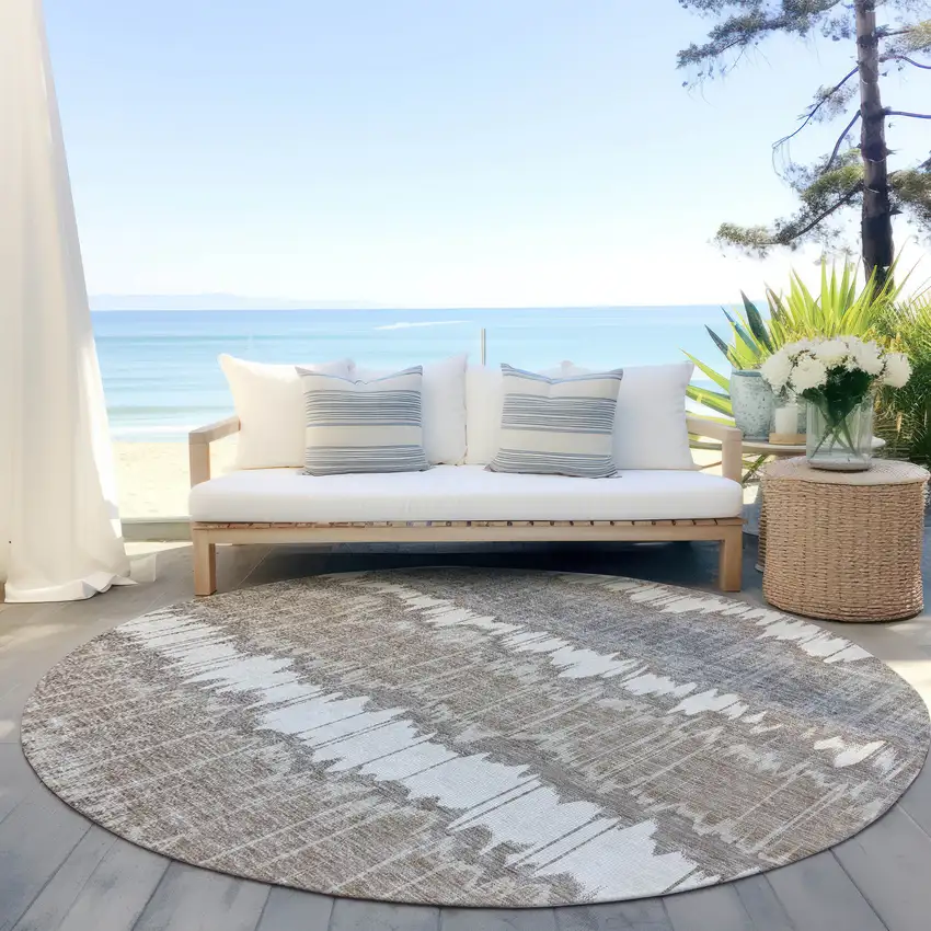 8' Taupe Brown And Ivory Round Striped Washable Indoor Outdoor Area Rug Photo 6