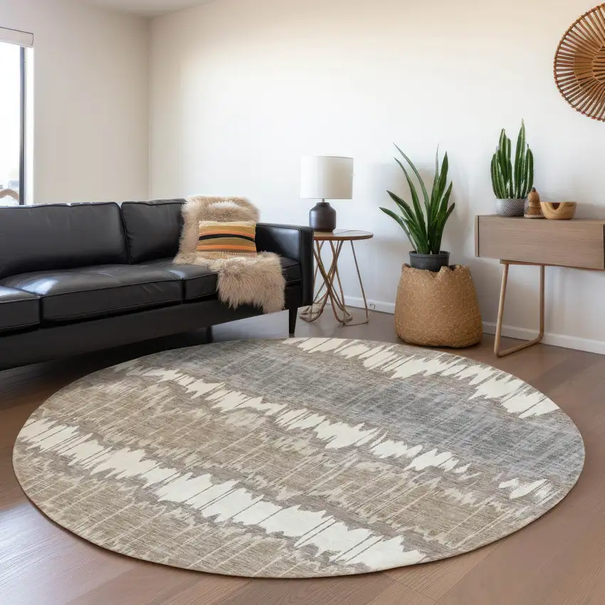 8' Taupe Brown And Ivory Round Striped Washable Indoor Outdoor Area Rug Photo 7