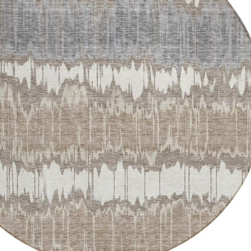 8' Taupe Brown And Ivory Round Striped Washable Indoor Outdoor Area Rug Photo 4