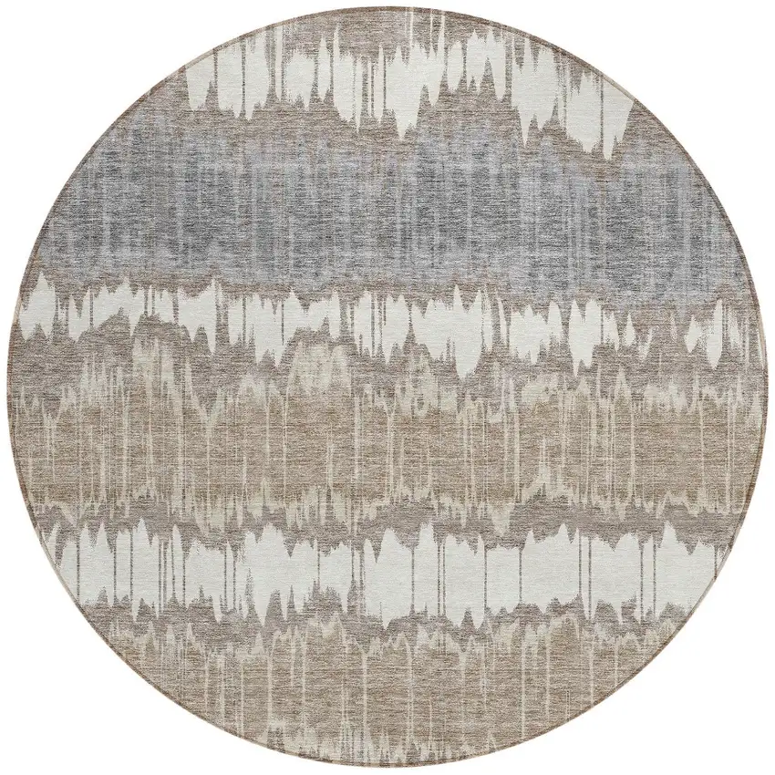 8' Taupe Brown And Ivory Round Striped Washable Indoor Outdoor Area Rug Photo 5