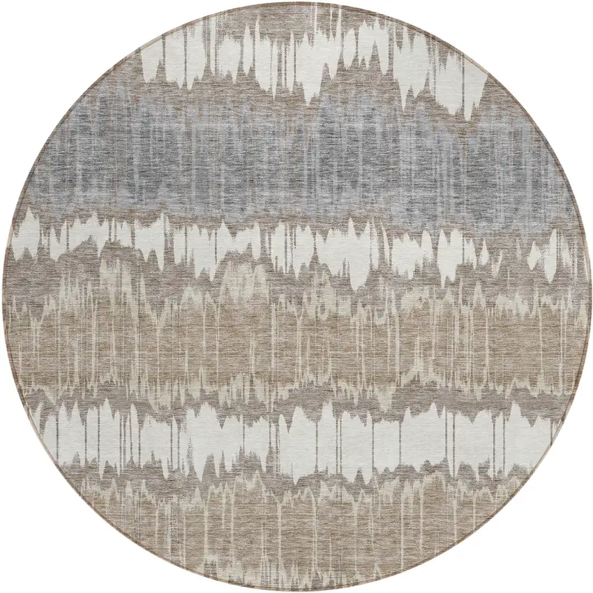 8' Taupe Brown And Ivory Round Striped Washable Indoor Outdoor Area Rug Photo 1