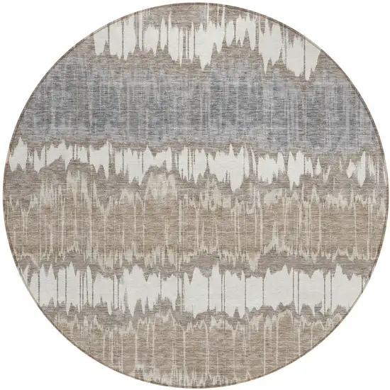 8' Taupe Brown And Ivory Round Striped Washable Indoor Outdoor Area Rug Photo 1