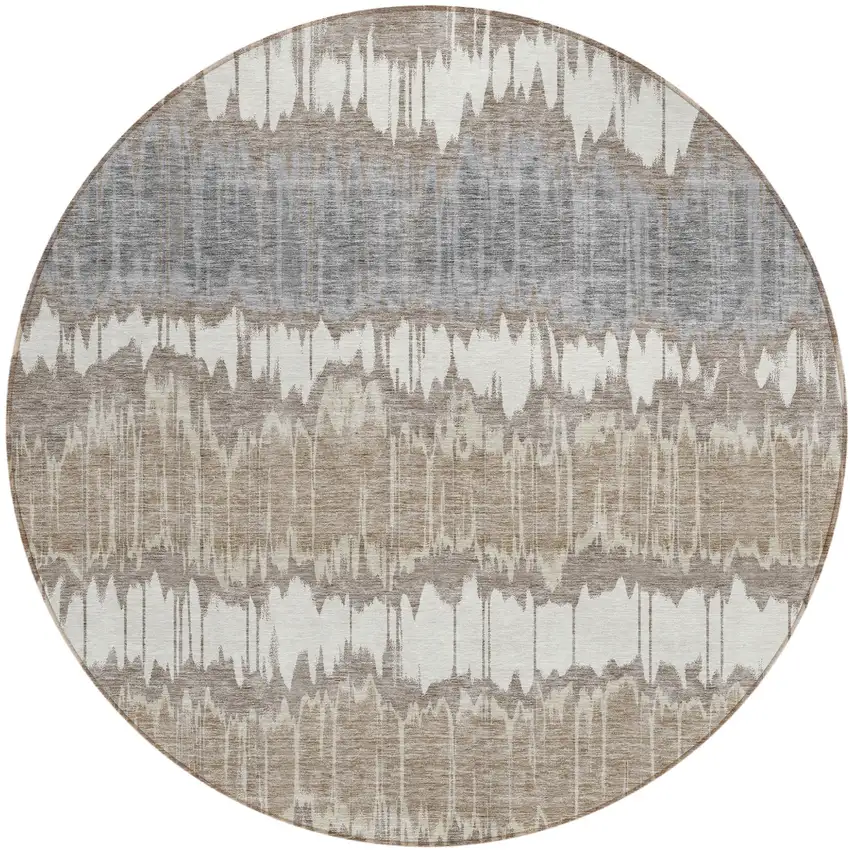 8' Taupe Brown And Ivory Round Striped Washable Indoor Outdoor Area Rug Photo 1
