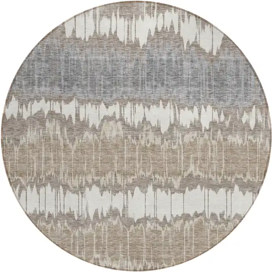 8' Taupe Brown And Ivory Round Striped Washable Indoor Outdoor Area Rug Photo 1