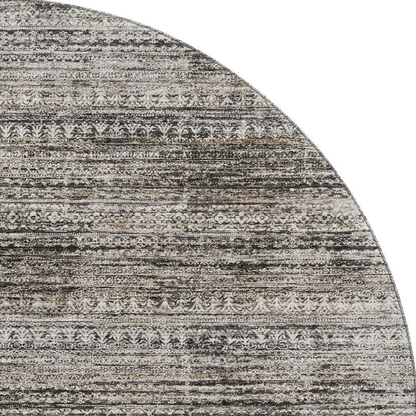 8' Taupe Brown And Ivory Striped Washable Round Rug With UV Protection Photo 4