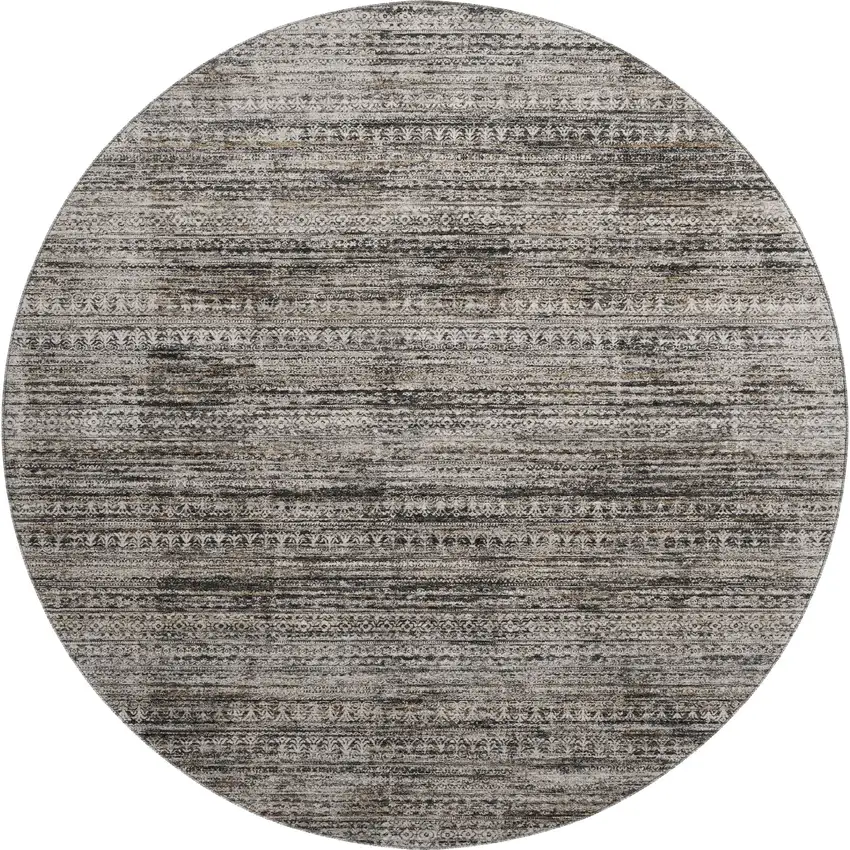 8' Taupe Brown And Ivory Striped Washable Round Rug With UV Protection Photo 1