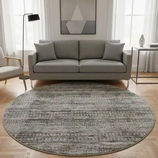 8' Taupe Brown And Ivory Striped Washable Round Rug With UV Protection Photo 2