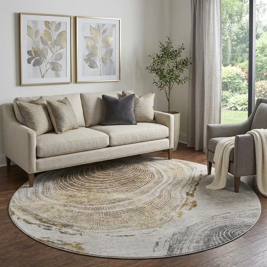 8' Taupe Brown And Ivory Faux Bois Washable Round Rug With UV Protection Photo 1