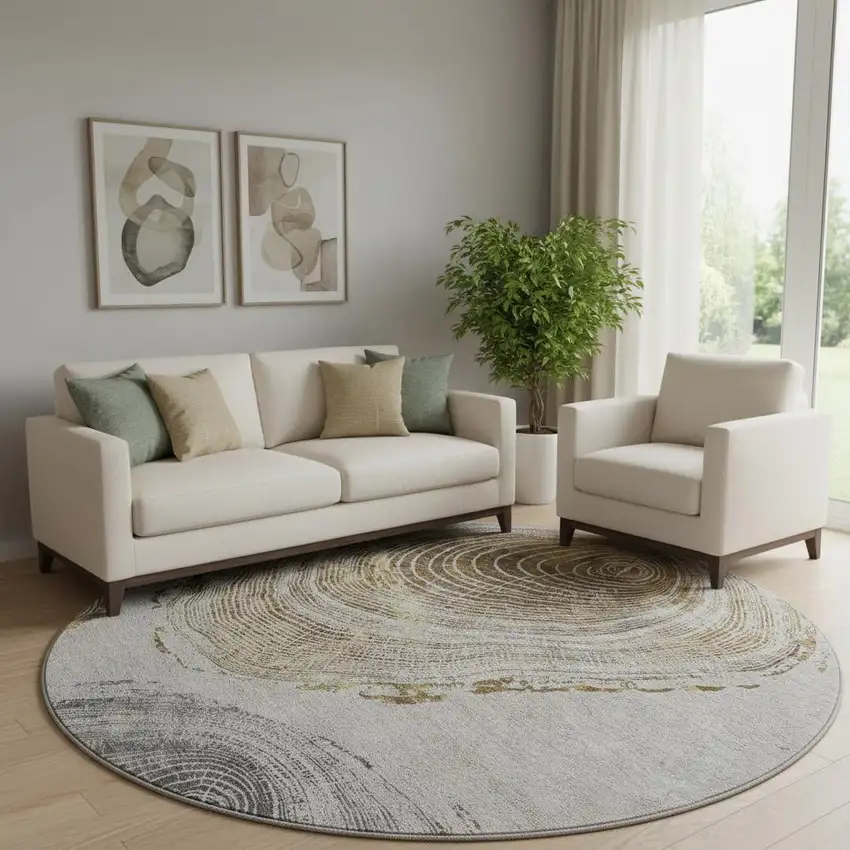 8' Taupe Brown And Ivory Woodland Lodge Washable Round Rug With UV Protection Photo 1