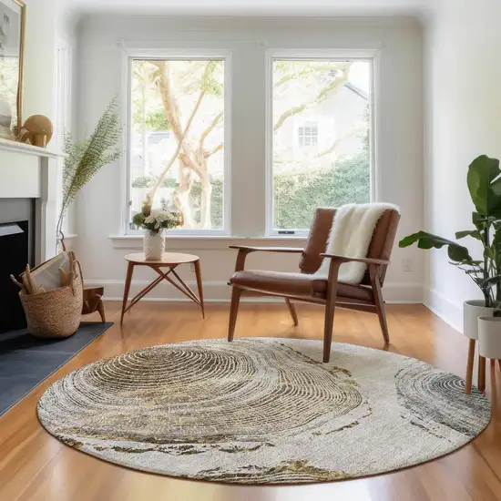 8' Taupe Brown And Ivory Woodland Lodge Washable Round Rug With UV Protection Photo 3