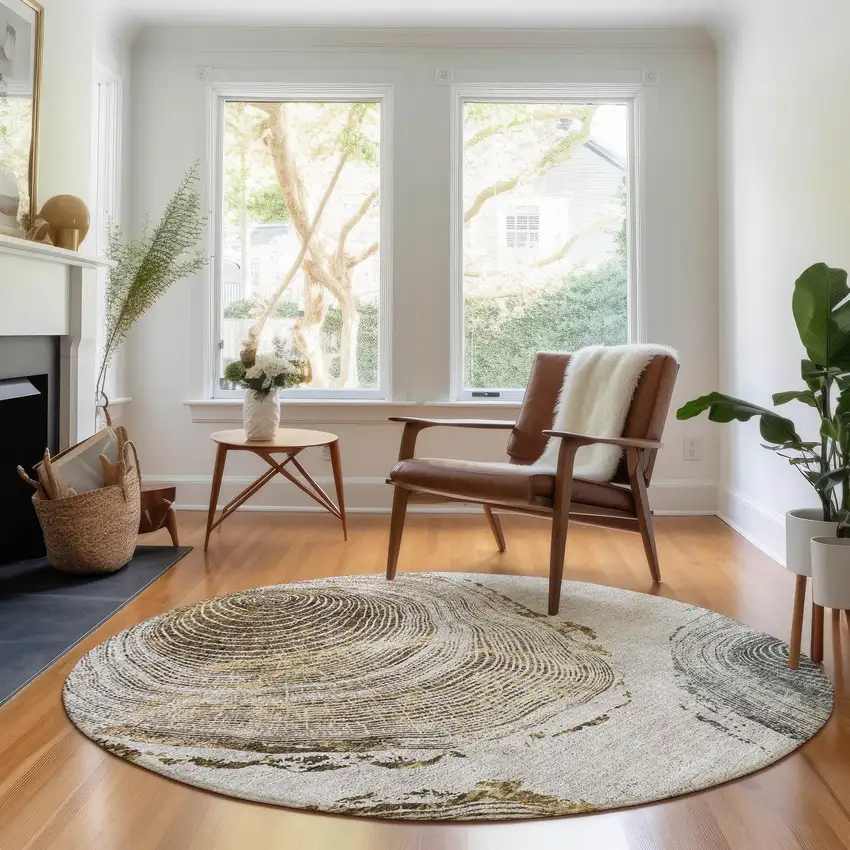 8' Taupe Brown And Ivory Woodland Lodge Washable Round Rug With UV Protection Photo 3