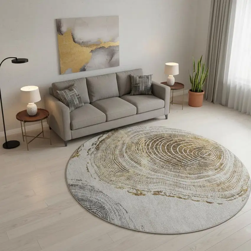 8' Taupe Brown And Ivory Woodland Lodge Washable Round Rug With UV Protection Photo 2