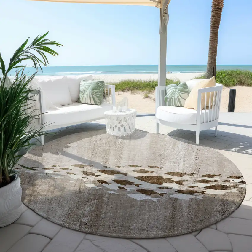 8' Taupe Brown And Khaki Round Nautical Washable Indoor Outdoor Area Rug Photo 5