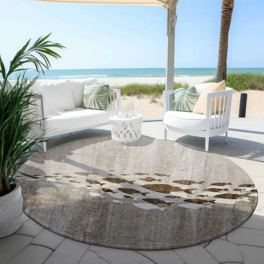 8' Taupe Brown And Khaki Round Nautical Washable Indoor Outdoor Area Rug Photo 5