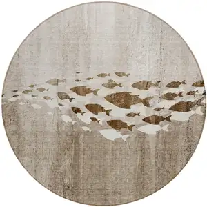 Photo of 8' Taupe Brown And Khaki Round Nautical Washable Indoor Outdoor Area Rug