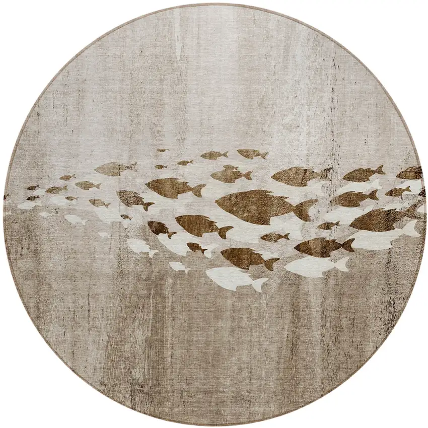 8' Taupe Brown And Khaki Round Nautical Washable Indoor Outdoor Area Rug Photo 1