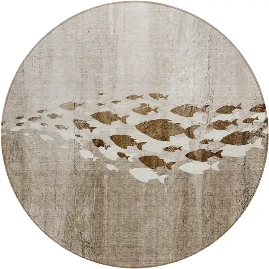 8' Taupe Brown And Khaki Round Nautical Washable Indoor Outdoor Area Rug Photo 1