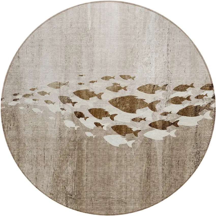 8' Taupe Brown And Khaki Round Nautical Washable Indoor Outdoor Area Rug Photo 1