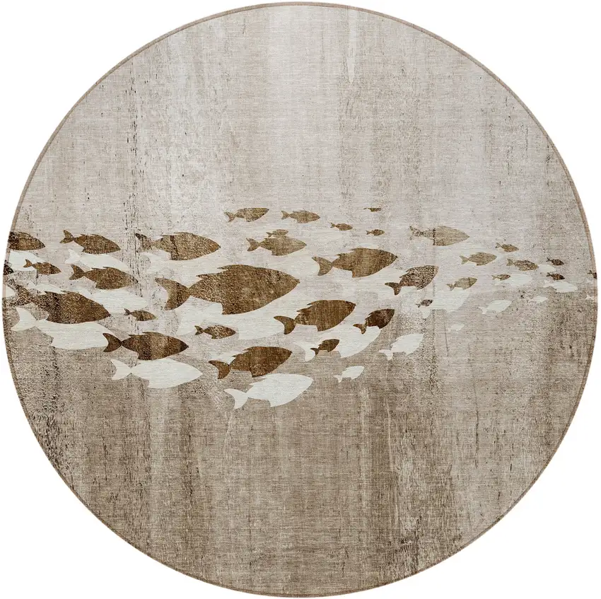 8' Taupe Brown And Khaki Round Nautical Washable Indoor Outdoor Area Rug Photo 4
