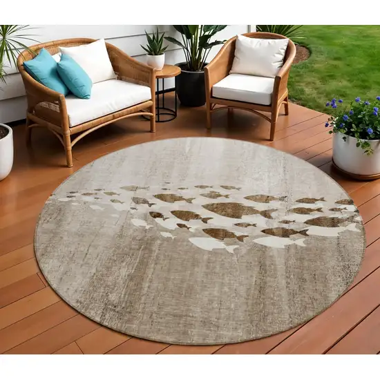 8' Taupe Brown And Khaki Round Nautical Washable Indoor Outdoor Area Rug Photo 1