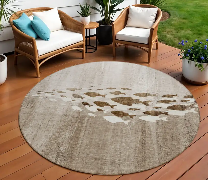 8' Taupe Brown And Khaki Round Nautical Washable Indoor Outdoor Area Rug Photo 1