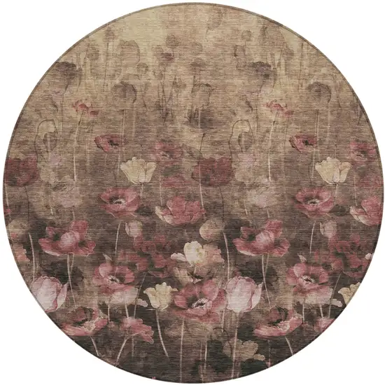 8' Taupe Brown And Pink Round Floral Washable Indoor Outdoor Area Rug Photo 2