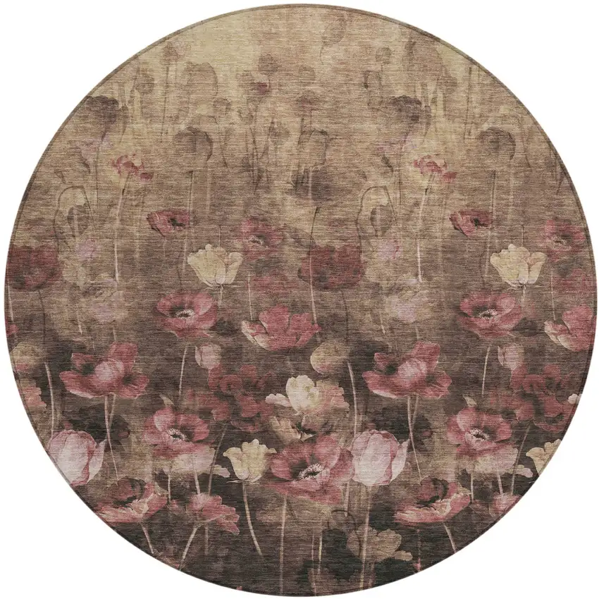 8' Taupe Brown And Pink Round Floral Washable Indoor Outdoor Area Rug Photo 2