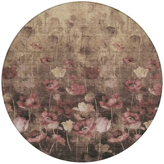 8' Taupe Brown And Pink Round Floral Washable Indoor Outdoor Area Rug Photo 6