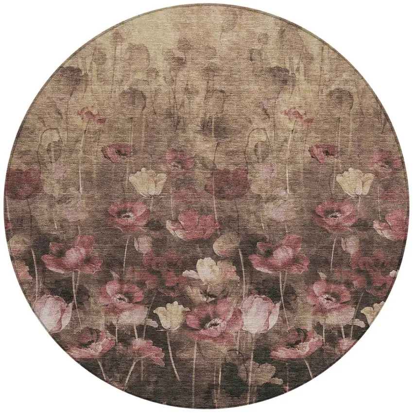 8' Taupe Brown And Pink Round Floral Washable Indoor Outdoor Area Rug Photo 6